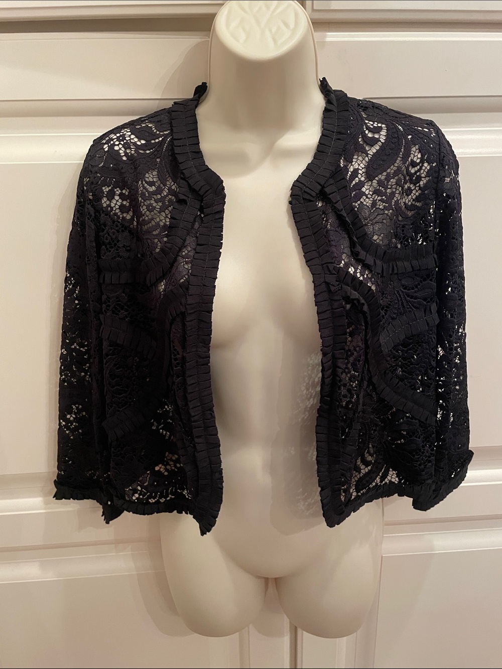 Michael Simon black lace crochet open cardigan sz S